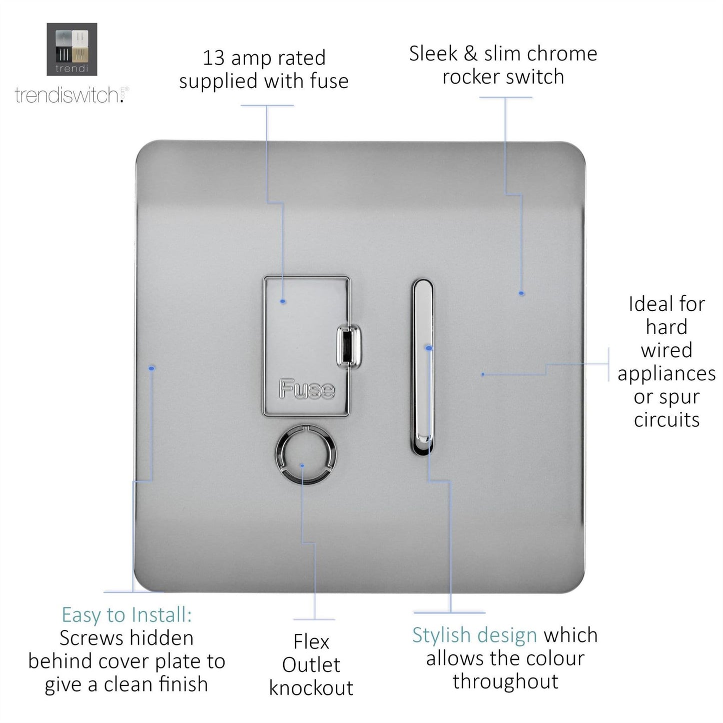 Trendi Artistic Modern Glossy Tactile Fused Spur Switch Stainless Steel