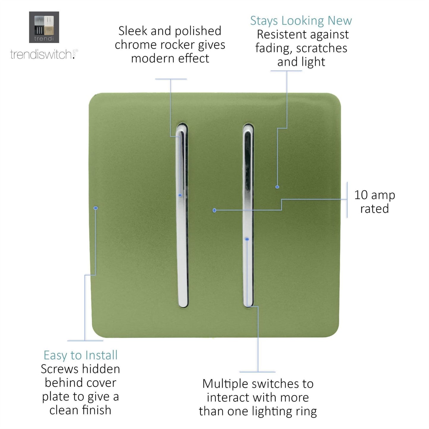 Trendi 2 Gang (2 Way & 3 way Intermediate) 240V Screwless Raised Front Plate Plastic Artistic Modern Glossy 10 Amp Chrome Rocker Double Electrical Wall Light Switch Moss Green- ART-SS29MG