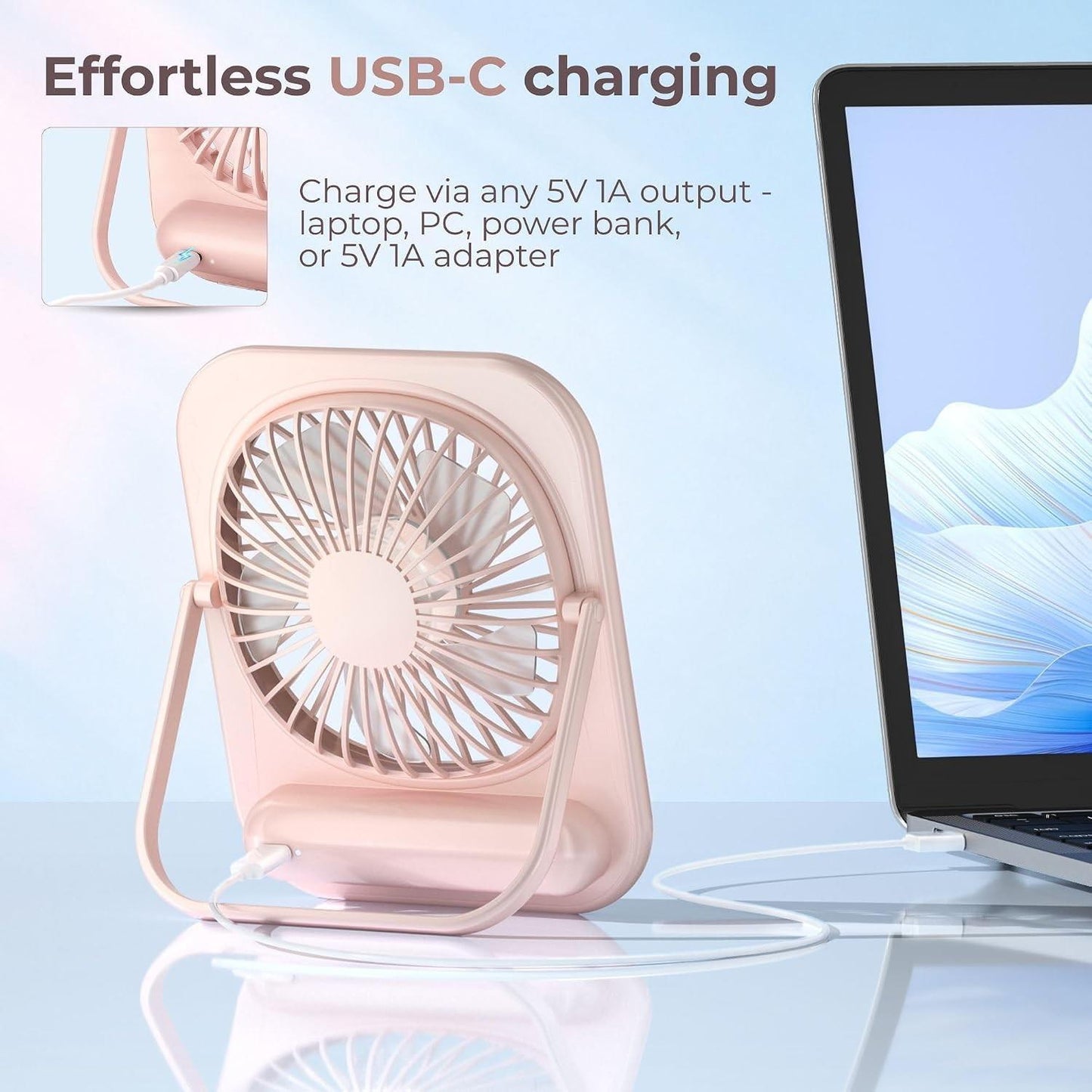 OOZZ Ultra-Slim Portable Desk Fan, Compact Personal Cooling Fan, Stepless Speed Control, USB-C Rechargeable Battery, Quiet Operation for Home & Office, OZ-4122 (Pink)