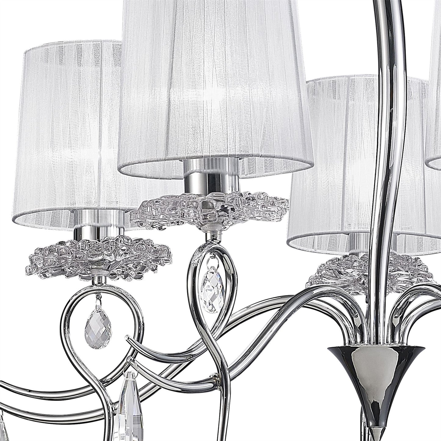 Mantra Louise Pendant 5 Light E27 with White Shades Polished Chrome/Clear Crystal