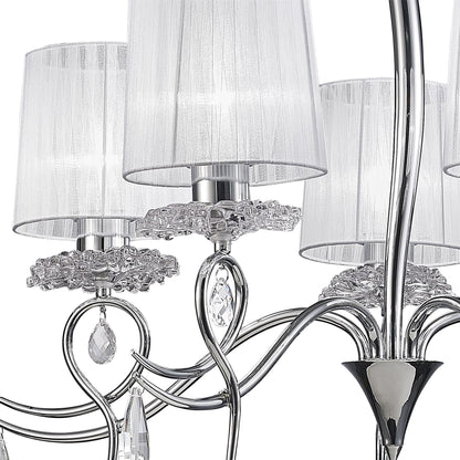 Mantra Louise Pendant 5 Light E27 with White Shades Polished Chrome/Clear Crystal