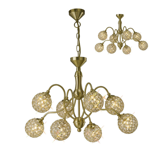 Diyas Apollo  8 Light G9 Satin Brass/Crystal Ceiling Pendant Light Fitting