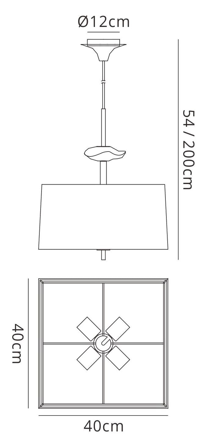 Mantra Akira Square Pendant 4 Light E27, Antique Brass/Frosted Glass with Cream Shade