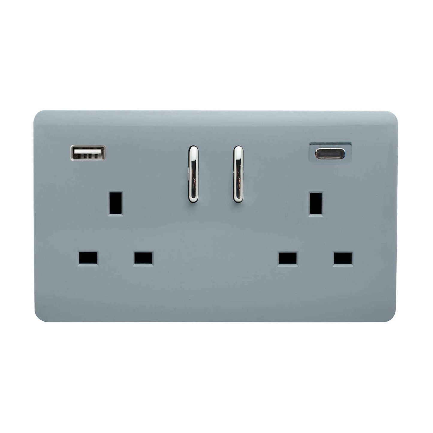 Cool Grey Screwless 2 Gang Switched Double Socket 13A With 1 x USB-A & 1 x USB-C 45W (Shared), (35mm Back Box Req.), 10yrs Warranty