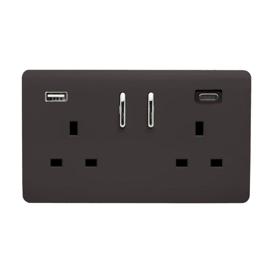 Trendi 2 Gang Artistic Modern Glossy 13 Amp 2 x Type A & C 3100mA USB Switched Plug Socket Dark Mocha Brown