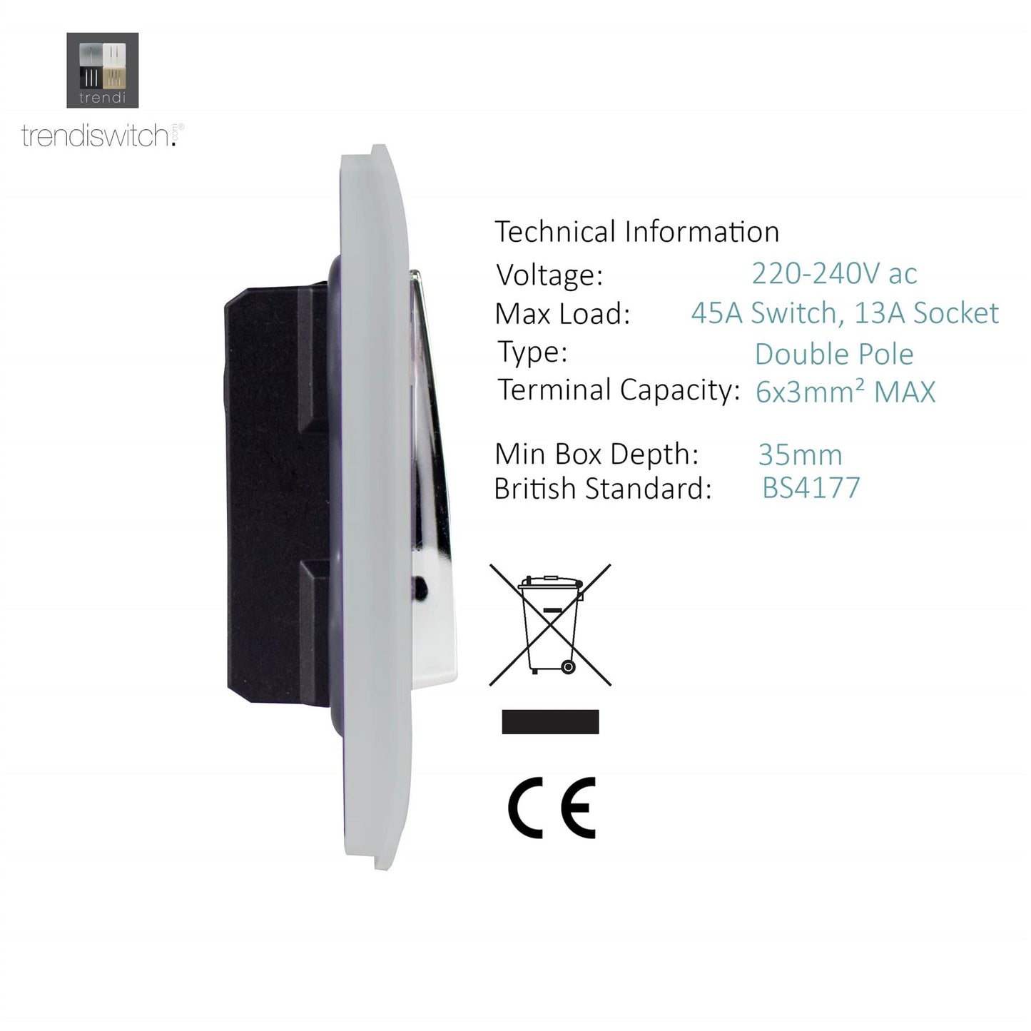 Trendi Artistic Modern Glossy 45 A Cooker Switch & Plug Socket Inc Neon Insert  Stainless Steel