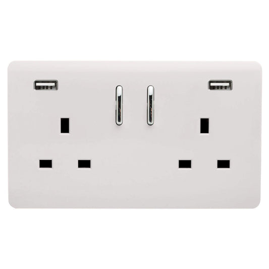 Trendi 2 Gang Artistic Modern Glossy 13 Amp 2 x 3.1mA USB Switched Plug Socket Ice White