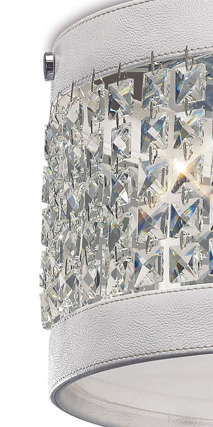 Diyas Celsa 35cm Flush  3 Light E14 Polished Chrome/White Faux Leather/Crystal Ceiling Light Fitting