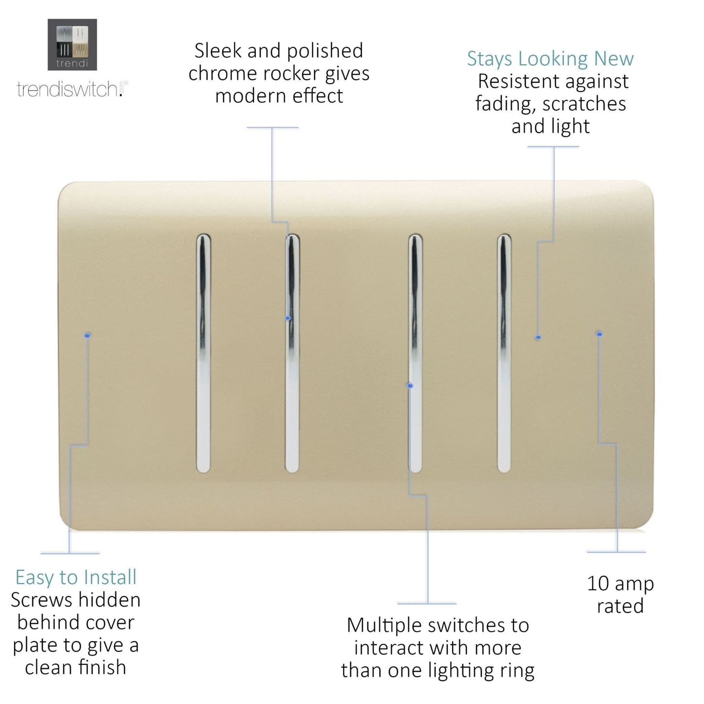 Trendi 4 Gang (2 Way & 3xIntermediate) Glossy 10 Amp Rocker Light Switch Gold