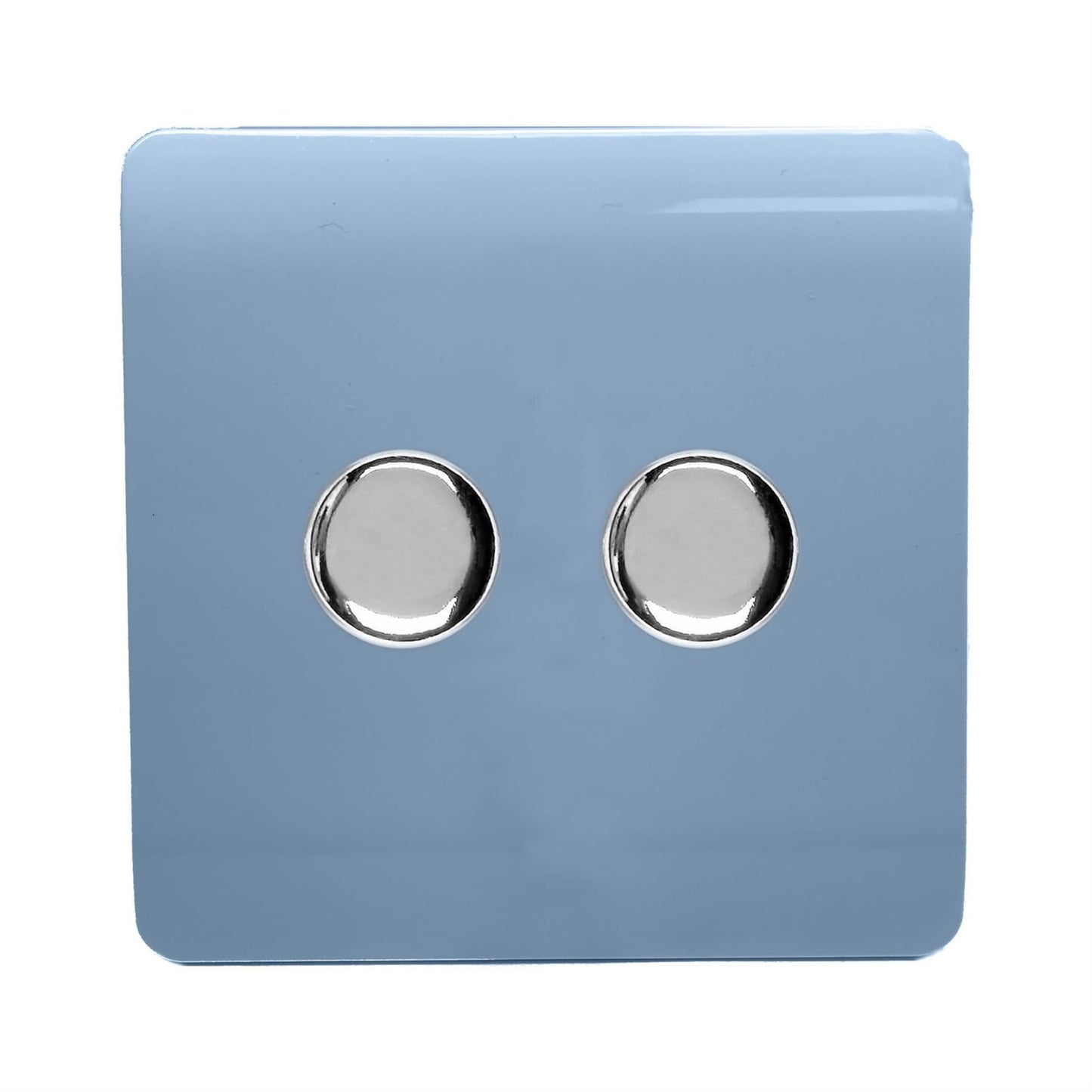 Trendi 2 Gang 2 Way 240V 100w LED Dimmer Screwless Raised Front Plate Plastic Artistic Modern Glossy 10 Amp Chrome Single Electrical Wall Light Switch in Sky - ART-2LDMSK
