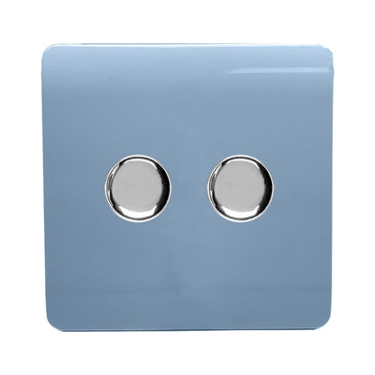 Trendi 2 Gang 2 Way 240V 100w LED Dimmer Screwless Raised Front Plate Plastic Artistic Modern Glossy 10 Amp Chrome Single Electrical Wall Light Switch in Sky - ART-2LDMSK
