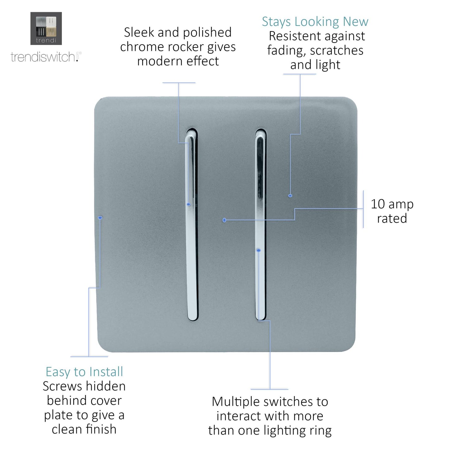 Trendi 2 Gang 2 Way 240V Screwless Artistic Modern Glossy 10 Amp Chrome Rocker Electrical Wall Light Switch in Cool Grey (2 pack)