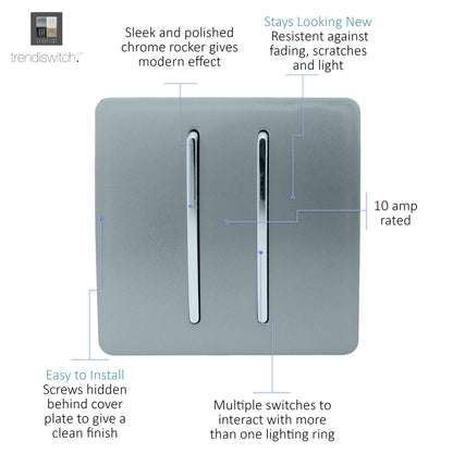 Trendi 2 Gang 2 Way 240V Screwless Artistic Modern Glossy 10 Amp Chrome Rocker Electrical Wall Light Switch in Cool Grey (2 pack)