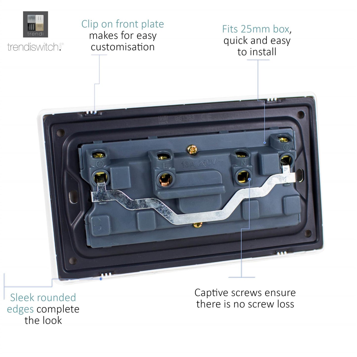 Trendi 2 Gang Raised Artistic Modern Screwless 13 Amp Single Pole with Chrome Switched UK Standard Electrical Double Wall Plug Socket in Matt White - ART-SKT213LMWH