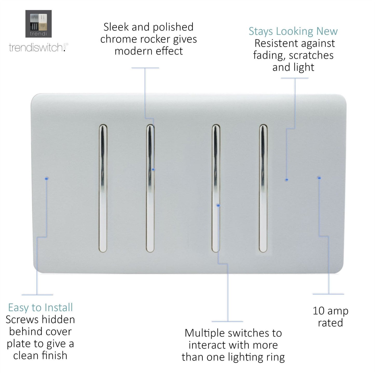 Trendi  4 Gang 2 Way Rocker Double Plate Light Switch in Silver - ART-SS44SI