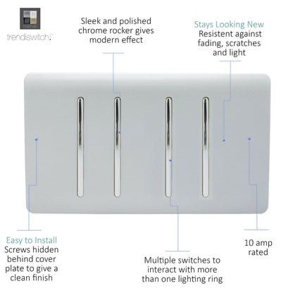 Trendi  4 Gang 2 Way Rocker Double Plate Light Switch in Silver - ART-SS44SI