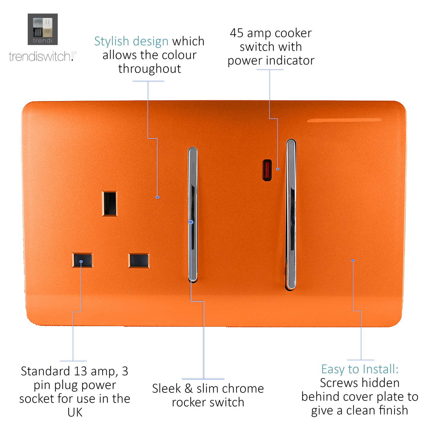 Trendi Artistic Modern Glossy 45 A Cooker Switch & Plug Socket Inc Neon Insert Orange