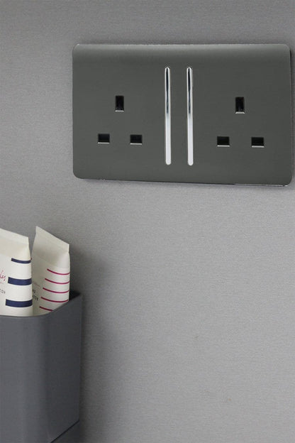 Trendi 2 Gang Raised Artistic Modern Glossy Screwless 13 Amp Single Pole with Chrome Switched UK Standard Electrical Double Wall Plug Socket in Charcoal Grey - ART-SKT213LCH