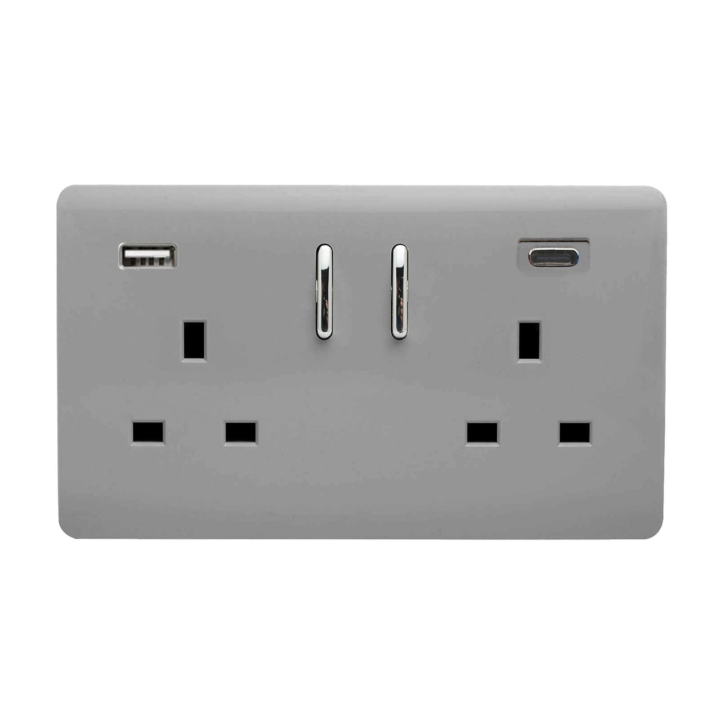 Light Grey Screwless 2 Gang Switched Double Socket 13A With 1 x USB-A & 1 x USB-C 45W (Shared), (35mm Back Box Req.), 10yrs Warranty