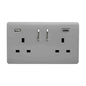 Light Grey Screwless 2 Gang Switched Double Socket 13A With 1 x USB-A & 1 x USB-C 45W (Shared), (35mm Back Box Req.), 10yrs Warranty