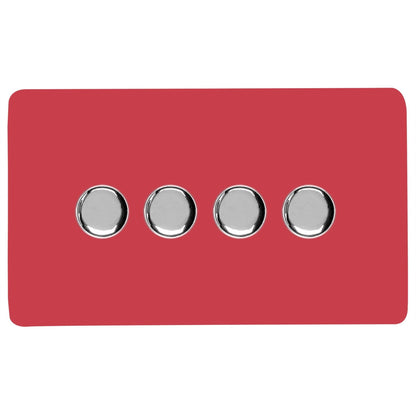 Trendi 4 Gang 2 Way 240V 100w LED Dimmer Screwless Raised Front Plate Plastic Artistic Modern Glossy 10 Amp Chrome Single Electrical Wall Light Switch in Strawberry - ART-4LDMSB