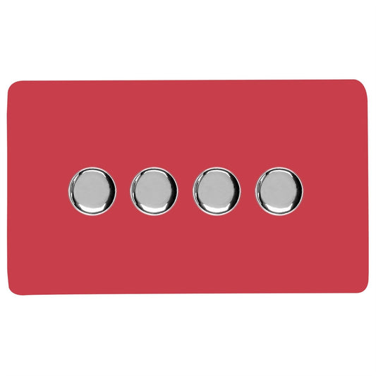 Trendi 4 Gang 2 Way 240V 100w LED Dimmer Screwless Raised Front Plate Plastic Artistic Modern Glossy 10 Amp Chrome Single Electrical Wall Light Switch in Strawberry - ART-4LDMSB