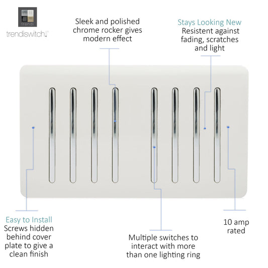 Trendi 8 Gang 2 Way Rocker Double Plate Tactile Light Switch Matt White - ART-SS88MWH