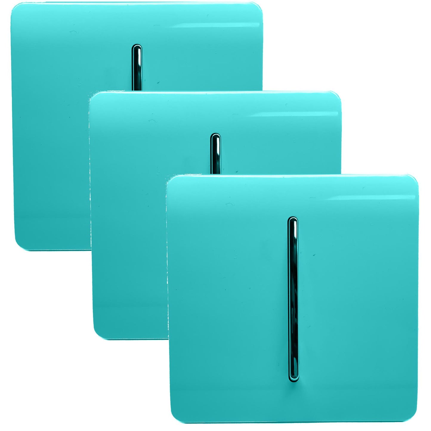 Trendi 1 Gang 2 Way 240V Screwless Artistic Modern Glossy 10 Amp Chrome Rocker Electrical Wall Light Switch in Bright Teal (3 pack)