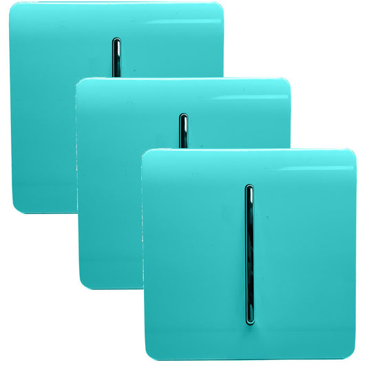 Trendi 1 Gang 2 Way 240V Screwless Artistic Modern Glossy 10 Amp Chrome Rocker Electrical Wall Light Switch in Bright Teal (3 pack)