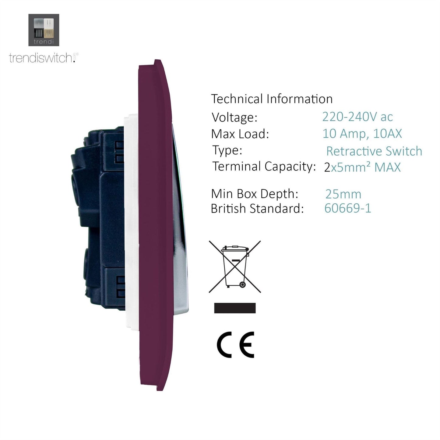 Trendi Artistic Modern Glossy Tactile Auto Retractive 2 Door Bell Switch Plum