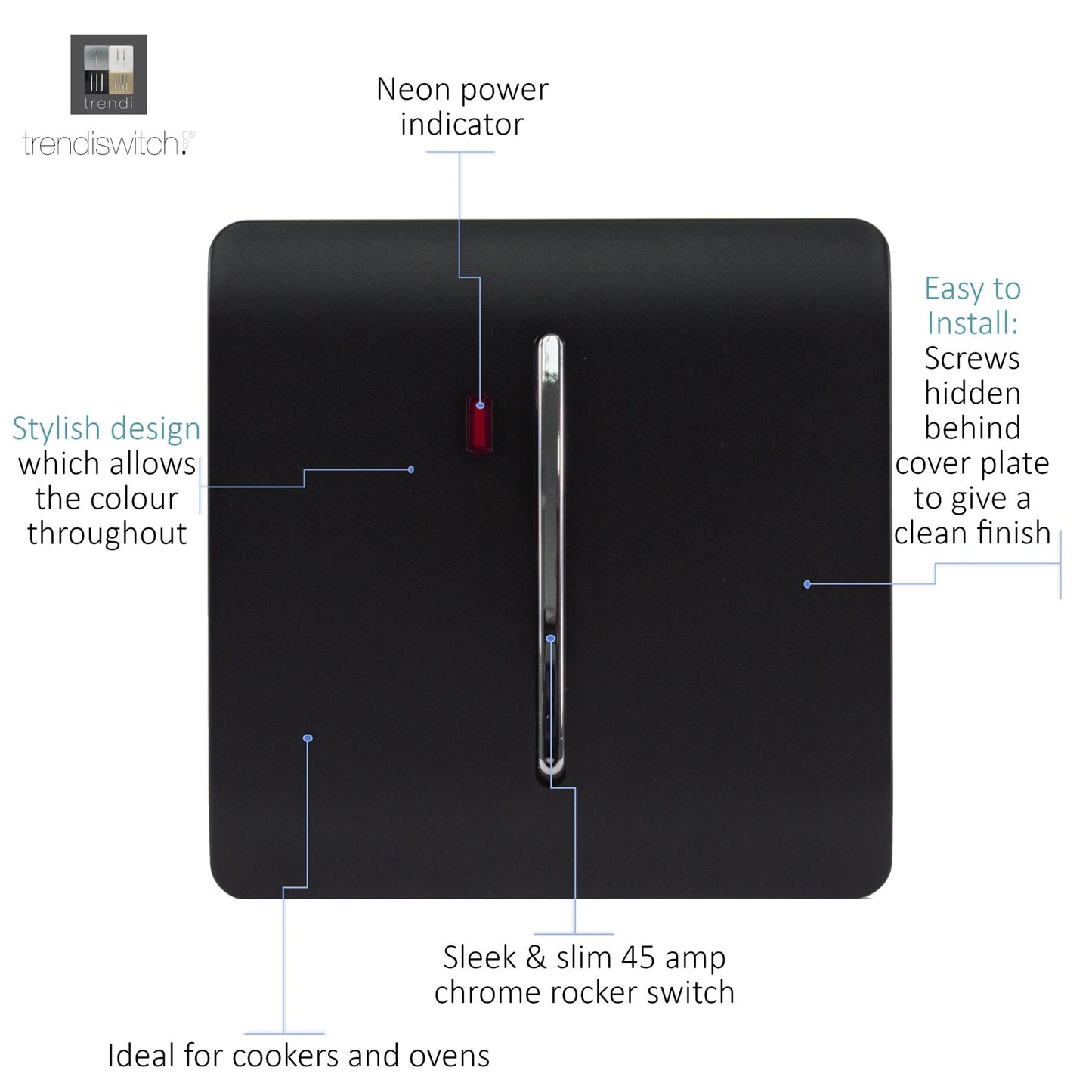 Trendi  45 A Cooker Light Switch & Neon Insert Matt Black Soft Touch