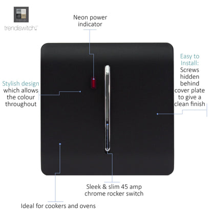 Trendi  45 A Cooker Light Switch & Neon Insert Matt Black Soft Touch