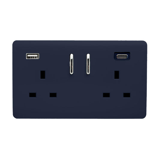 Navy Blue Screwless 2 Gang Switched Double Socket 13A With 1 x USB-A & 1 x USB-C 45W (Shared), (35mm Back Box Req.), 10yrs Warranty