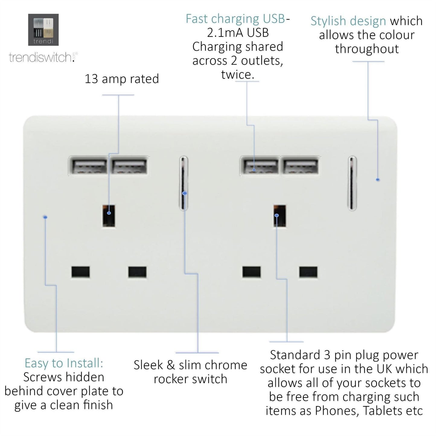 Trendi 2 Gang  13 Amp 4 x 2.1mA USB Switched Plug Socket White ART-SKT213USBWH
