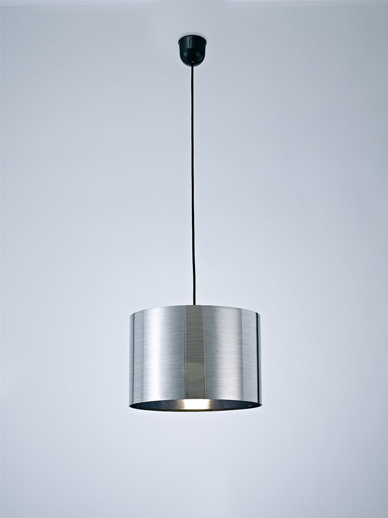 Deco Dako Black Pendant 1 Light E27 with 300 x 200mm Metallic Chrome Finish Cylinder Shade, c/w Ceiling Bracket
