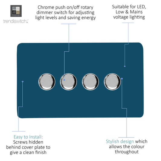 Trendi 4 Gang 2 Way 240V 100w LED Dimmer Screwless Raised Front Plate Plastic Artistic Modern Glossy 10 Amp Chrome Single Electrical Wall Light Switch in Midnight Blue - ART-4LDMMD