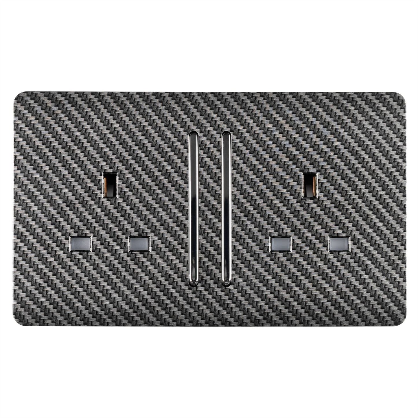 Trendi 2 Gang Raised Artistic Modern Glossy Screwless 13 Amp Single Pole with Chrome Switched UK Standard Electrical Double Wall Plug Socket in Carbon Fibre - ART-SKT213LCF