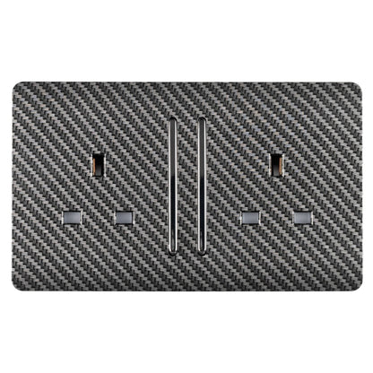 Trendi 2 Gang Raised Artistic Modern Glossy Screwless 13 Amp Single Pole with Chrome Switched UK Standard Electrical Double Wall Plug Socket in Carbon Fibre - ART-SKT213LCF