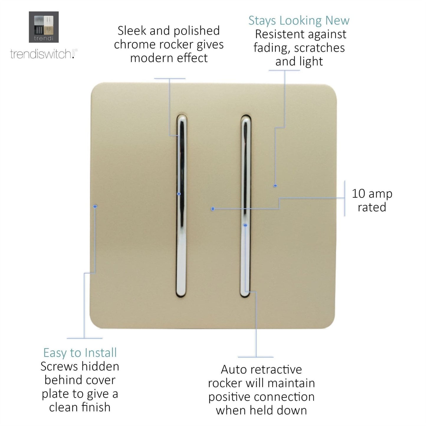 Trendi 2 Gang Retractive Home Automation Switch in Gold