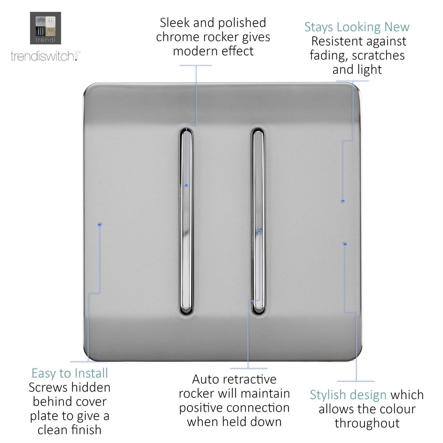 Trendi Switch 2 Gang Retractive Home Automation Switch in Brushed Steel