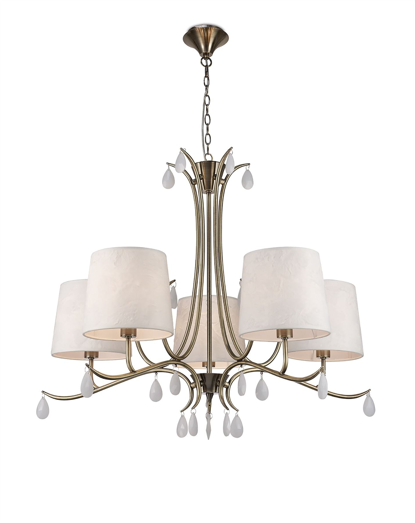 Mantra M6334 Andrea Pendant 81.5cm Round, 5 x E14 (Max 20W), Antique Brass, White Shades, White Crystal Droplets