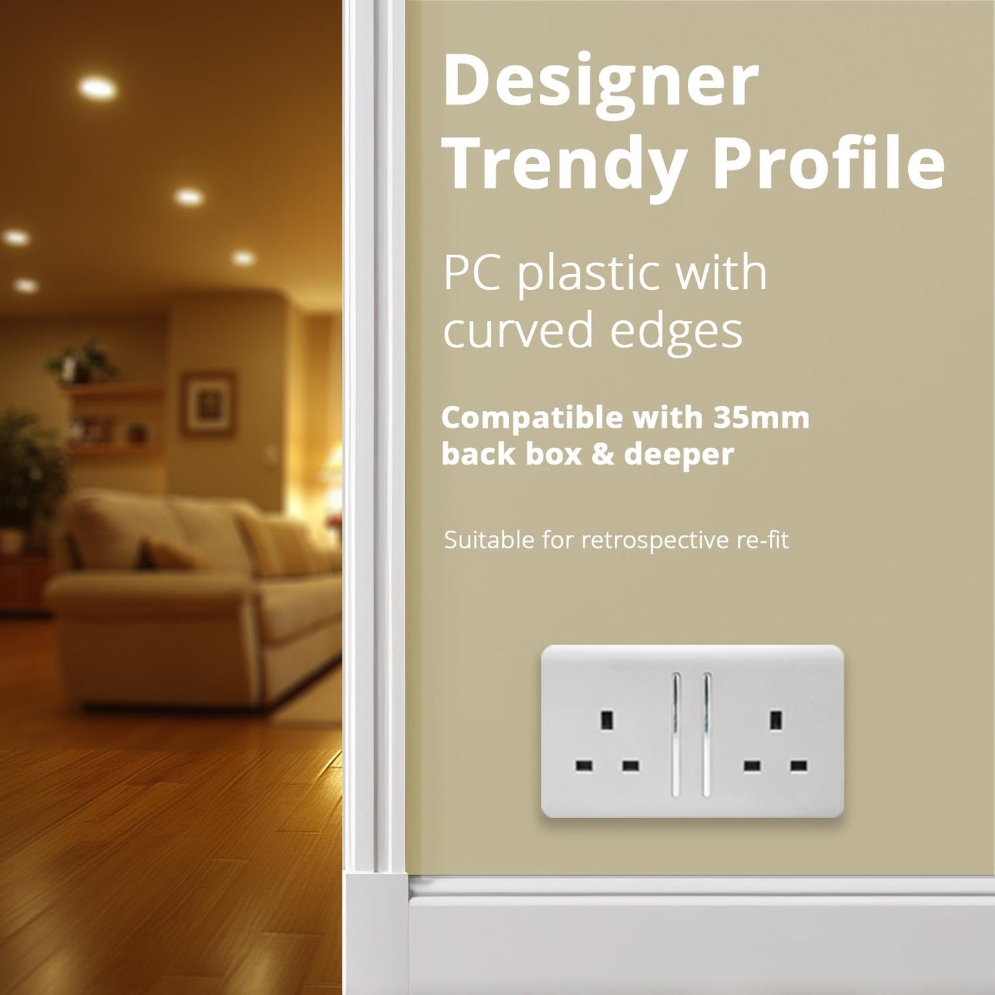 Trendi 2 Gang Artistic Modern Glossy 13 Amp Switched Plug Socket Ice White (7 Pack)