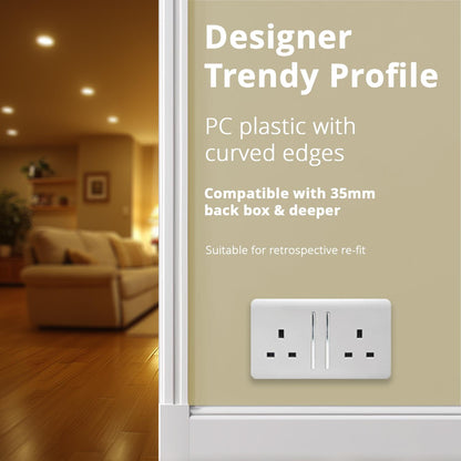 Trendi 2 Gang Artistic Modern Glossy 13 Amp Switched Plug Socket Ice White (7 Pack)