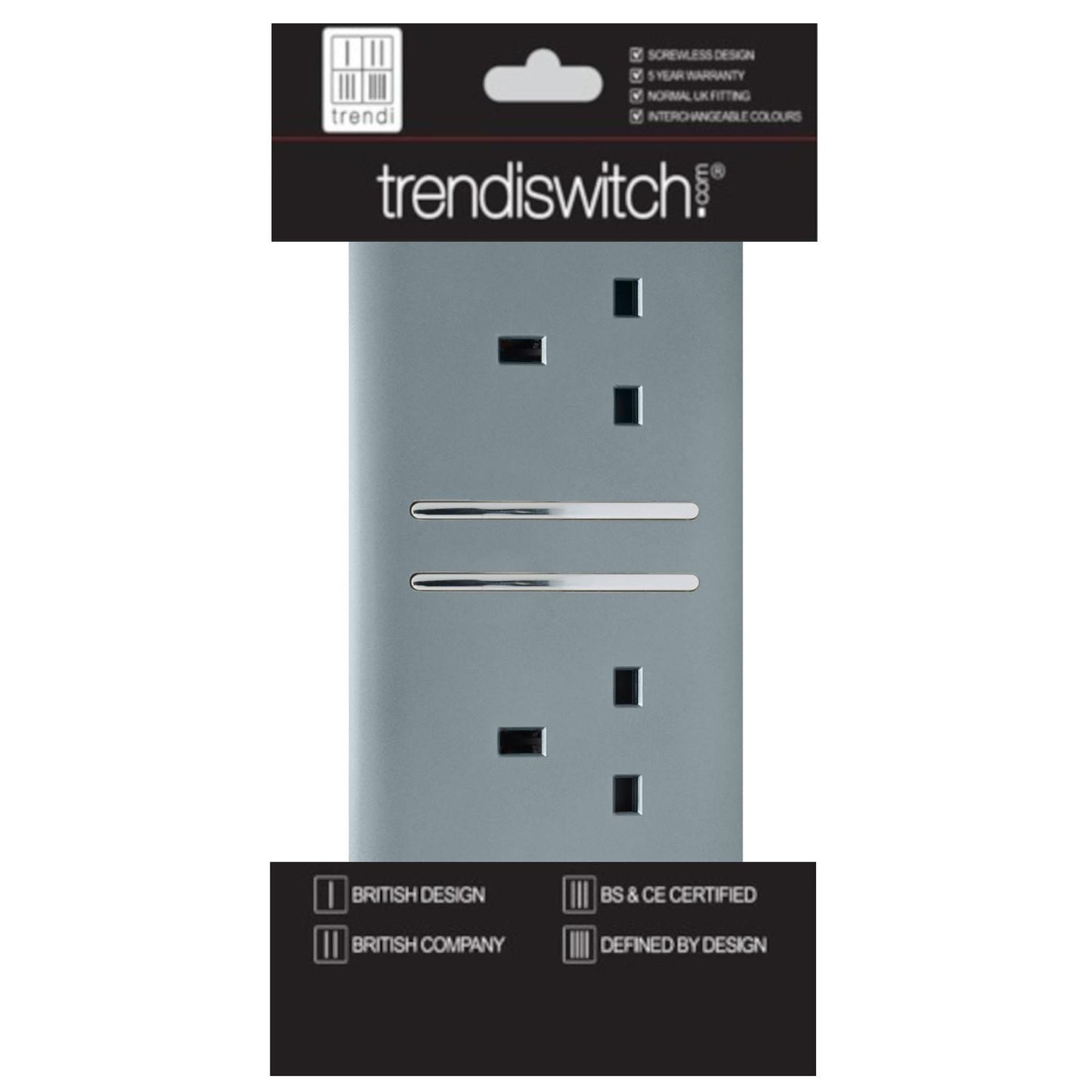 Trendi 2 Gang Artistic Modern Glossy 13 Amp Switched Plug Socket Cool Grey (7 Pack)