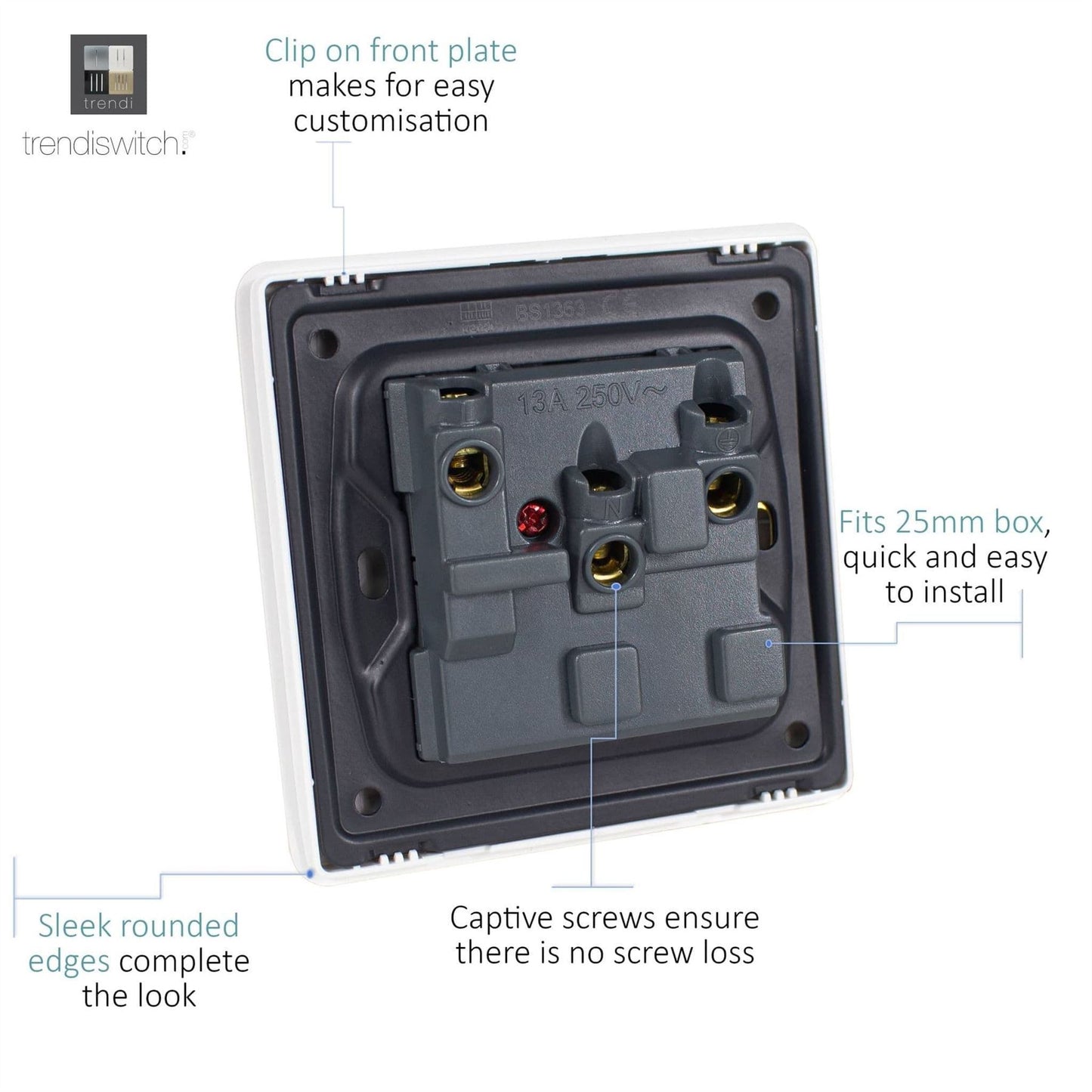 Trendi 1 Gang Artistic Modern Glossy 13 Amp Switched Tactile Plug Socket Sky