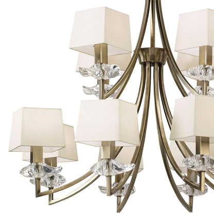 Mantra Akira 90cm Pendant 2 Tier 12 Light E14, Antique Brass with Cream Shades