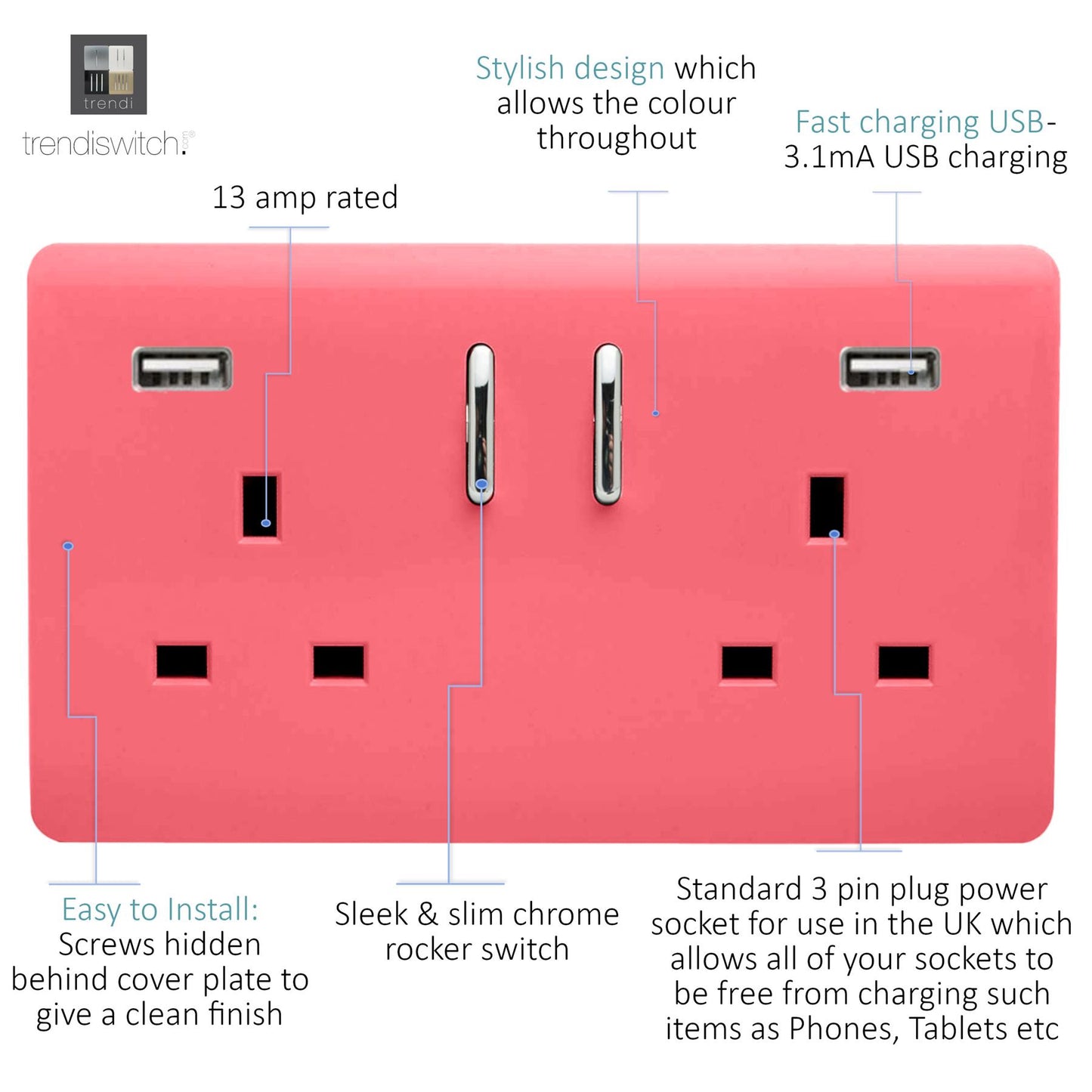 Trendi 2 Gang Artistic Modern Glossy 13 Amp 2 x 3.1mA USB Switched Plug Socket Strawberry