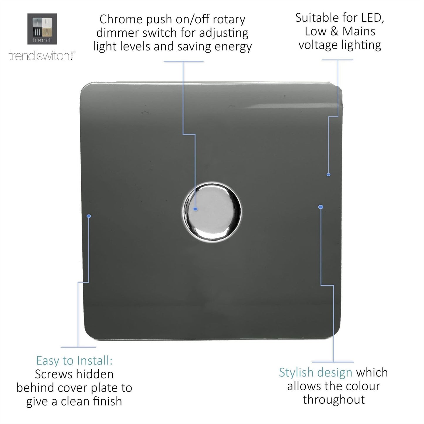 Trendi 1 Gang 2 Way 240V 100w LED Dimmer Screwless Raised Front Plate Plastic Artistic Modern Glossy 10 Amp Chrome Single Electrical Wall Light Switch in Charcoal - ART-LDMCH