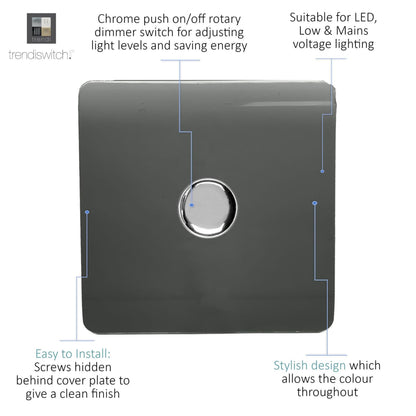 Trendi 1 Gang 2 Way 240V 100w LED Dimmer Screwless Raised Front Plate Plastic Artistic Modern Glossy 10 Amp Chrome Single Electrical Wall Light Switch in Charcoal - ART-LDMCH