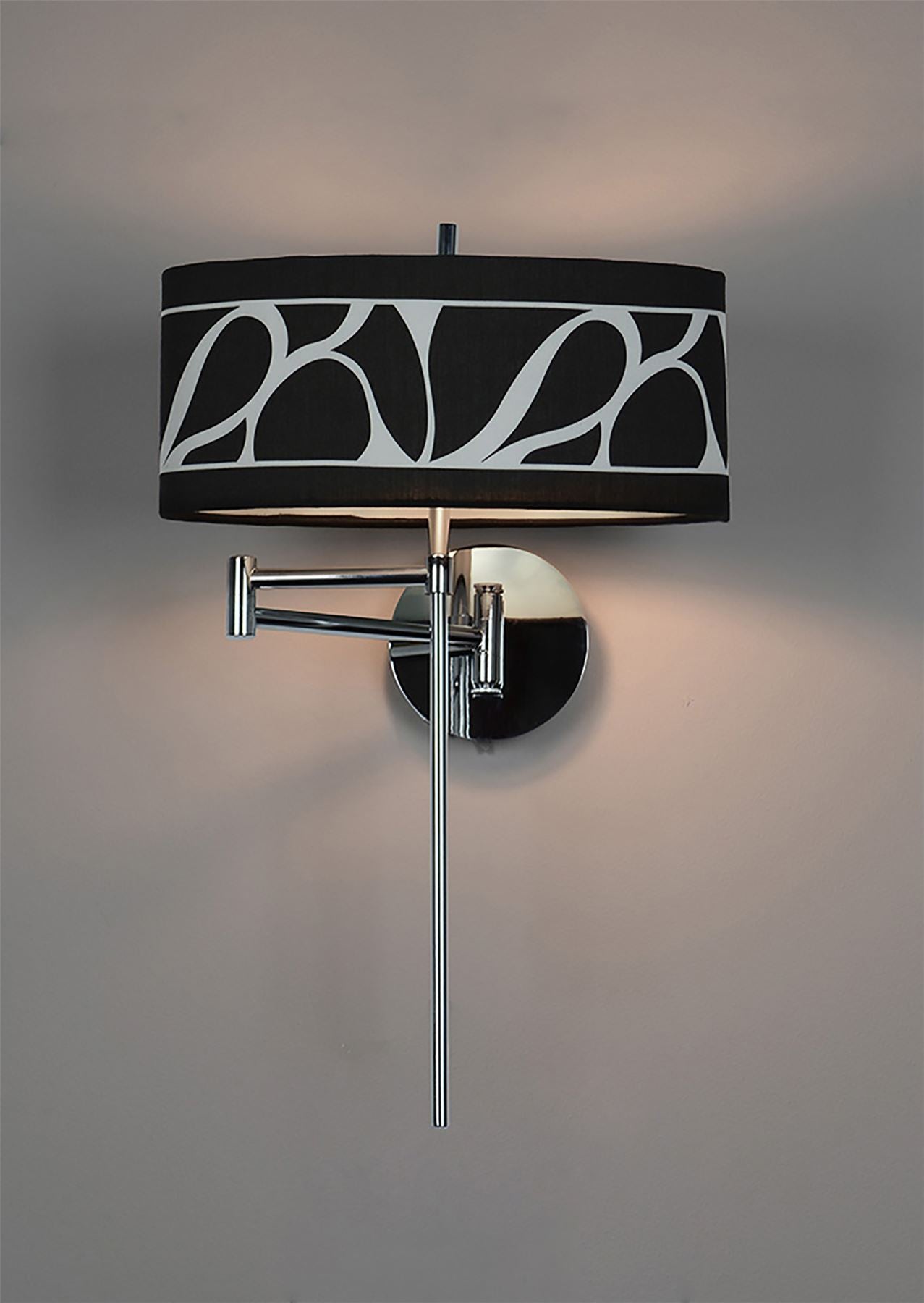Mantra Manhattan Wall Light 1 Light E14 Swing Arm, Polished Chrome/Frosted Glass with Black Patterned Shade